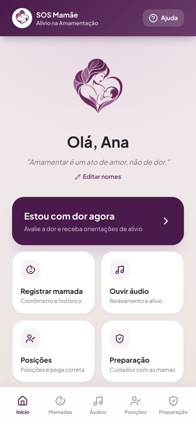 Tela inicial do app SOS Mamãe com o botão Estou com dor agora