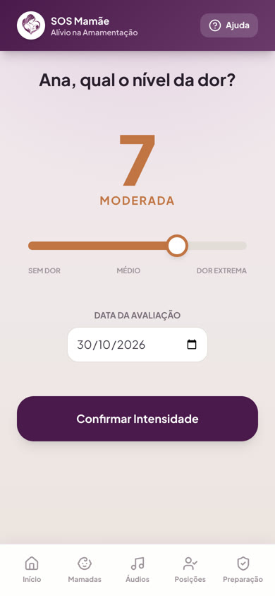 Tela do app com a escala de dor de 0 a 10